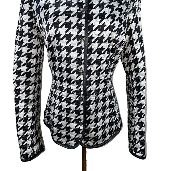 New Escada Large Houndstooth Print Silk Blend Jacket Ger 36 Leather Pockets - Picture 5 of 13